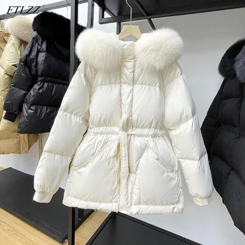 FTLZZ Kış Büyük Kürk Yaka Kapşonlu Hafif Tüy Ceket Kadın Kabarık Sıcak uzun kaban Rüzgar Geçirmez Kollu Dış Giyim Bel Geri Çekilebilir