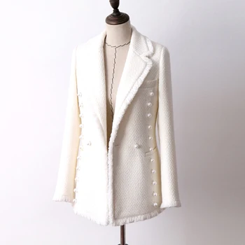 Beyaz yün tüvit ceket Kruvaze inci Toka sonbahar ve kış kadın ceketi yeni moda yaka bayan ceket