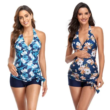 Seksi Kadın İki parçalı Kolsuz Baskı Yüzme Annelik Tankinis Yaz Mayo Beachwear Hamile Takım Elbise
