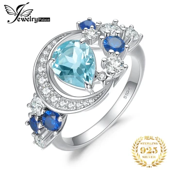 JewelryPalace Yeni Varış Ay Yıldız 6.8 ct Orijinal Sky Blue Topaz Düzenlendi Safir 925 Gümüş Bildirimi Yüzük Kadın için