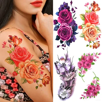 Suluboya Gül Şakayık Geçici Dövmeler Kadınlar Kız İçin Sahte 3D Anemon Orkide Çiçek Dövme Etiket Çiçeği Su Geçirmez Dövmeler