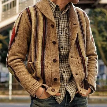 Retro Erkekler Uzun Kollu Sonbahar Kış Kalın Hırka Erkek Yaka Gevşek Düğme Cep Sweatercoat Streetwear Sıcak Rahat Örme Üst