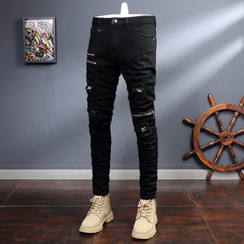 Streetwear Moda Siyah Kot Erkekler Elastik Slim Fit Yırtık Kot Fermuar Tasarımcı Hip Hop Punk Denim kalem pantolon Erkekler