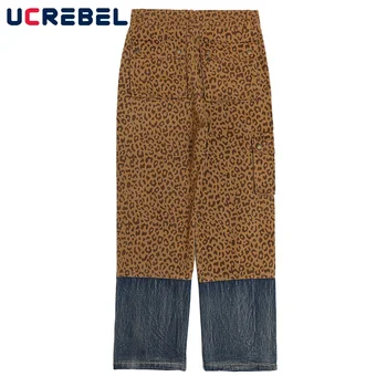 Leopar Baskı Kot Pantolon Erkek Streetwear Kontrast Panelli Baggy Kot Yüksek Sokak Çok Cep Renk Bloğu Düz bacak Pantolon