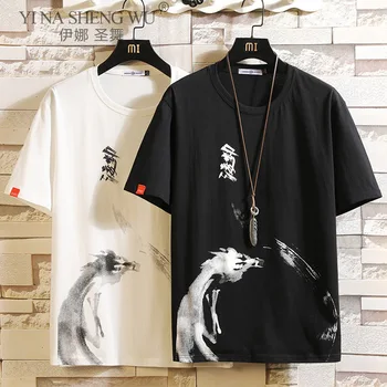 Çin Tarzı T Shirt Erkek Komik Anime Baskı O-boyun Japon Gevşek Siyah Beyaz Gri Pamuklu Tişörtleri Erkek Yaz Streetwear Moda