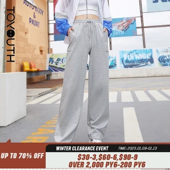 Toyouth Kadın Pantolon Yaz Elastik Yüksek Bel Stragiht Bacak Sweatpant Mektuplar Baskı Katı Mavi Gri Rahat Spor