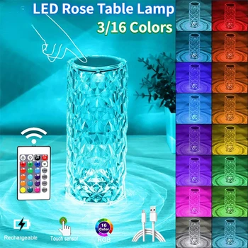 Kristal Masa Lambası LED gül ışık Projektör 3/16 Renk Dokunmatik Ayarlanabilir Romantik Elmas atmosfer ışığı USB Dokunmatik Gece Lambası