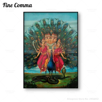 Sri Shanmukha Subrahmanya Swami Raja Ravi Varma Vintage Poster Hint duvar sanatı tuval Baskı Antika Boyama Yılan Tavuskuşu Dekor