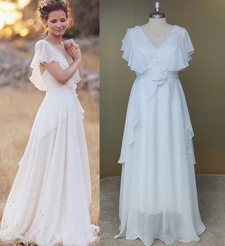 Bohemian V Boyun Gelinlik Bir Çizgi Plaj Gelinlikler Boho Gelin Beyaz Dantel elbise 2021 Backless vestidos