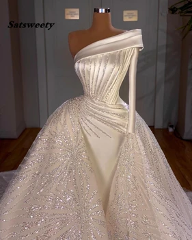 2022 Saten Mermaid düğün elbisesi Sequins Plise Overskirt gelinlikler Zarif Bir Omuz vestido de novia