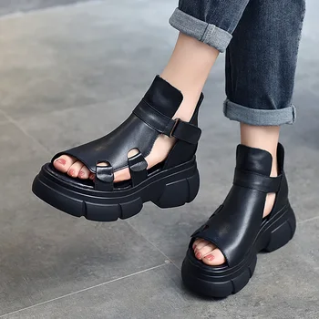 Hakiki PU Deri Retro Kadın platform sandaletler Burnu açık Yüksek Top Ayakkabı Sandalet Oymak Kanca Döngü Bayanlar Sandalet Kalın Topuk 2
