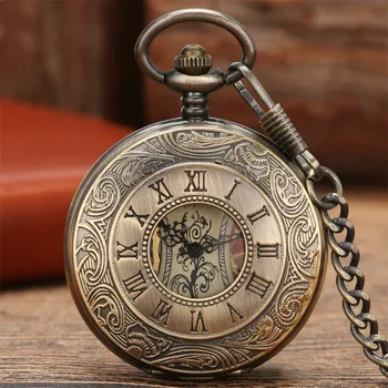 Zarif Çiçek Romen Rakamları Mekanik El Sarma cep saati Retro Bronz Erkek Cep Kolye Manuel Mekanizma Timepiece