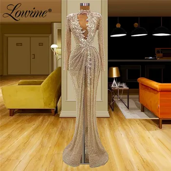 Lowime Boncuk ışık Şampanya Uzun Kollu Abiye 2021 Mermaid Custom Made Aplike Artı Boyutu Arapça Parti Törenlerinde Elbiseler