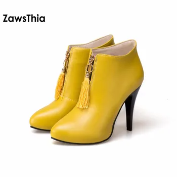 ZawsThia Kadın yarım çizmeler Platformu Yüksek Topuklu Saçak Çizmeler Kış Sivri Burun seksi ayakkabılar 2020 Kadın Çizme Büyük Boy 46 Sarı
