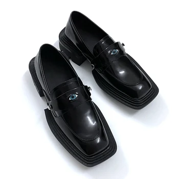 Çıkarılabilir Göz loafer ayakkabılar Erkekler Hakiki Deri Yüksek Taban Rahat Japonya Kore Streetwear Kare Ayak İnek Derisi deri ayakkabı Adam