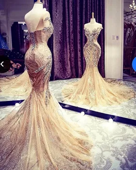 Lüks Altın Sparkle Kristal Mermaid Abiye Dubai Abiye Uzun Boncuklu Dantel Balo Abiye Robe De Soiree Parlak Örgün önlük