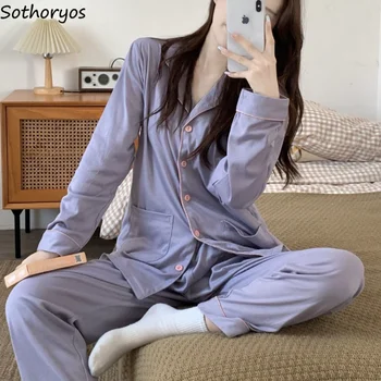 Pijama Setleri Kadınlar Uzun Kollu Öğrenci Nefes Moda Günlük Ev Tekstili İhale Kore Versiyonu Salonu Şık Minimalist Basit
