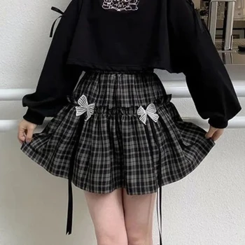 HOUZHOU Kawaii Gotik Lolita Ekose Etek Kadın Goth Yay Siyah Yüksek Bel A-line Mini Etekler Japon Tarzı Harajuku Yumuşak Kız