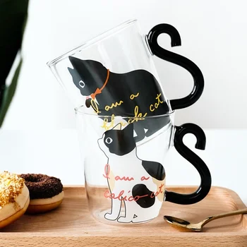 250ML Sevimli Kedi Cam Suyu Kahve Fincanı Süt Çay kahve bardağı Kupa Kedi Kuyruk Kolu Kedi sevgililer Günü Sevgilisi Hediyeler Paslanmaz Kaşık