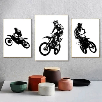 Siyah ve Beyaz Motosiklet Racer Modern Sanat Boyama Motocross Binici Posteri Tuval Sanat Baskılar Çocuk Odası Ev Duvar Sanatı Dekorasyon