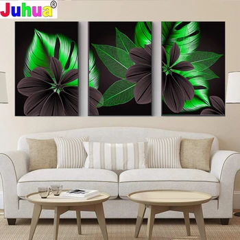 5D Elmas Boyama 3 adet / takım Soyut Lüks Çiçeği Yeşil Yaprak Triptik 5d Elmas Nakış Mozaik Resim İnanılmaz Sanat