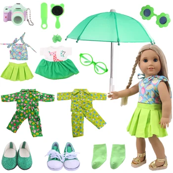 Yeşil Serisi oyuncak bebek giysileri Aksesuarları Elbise Ayakkabı Bagaj Depolama İçin 18 İnç amerikan oyuncak bebek Kız ve 43 Cm Yeni Doğan bebek nesneleri