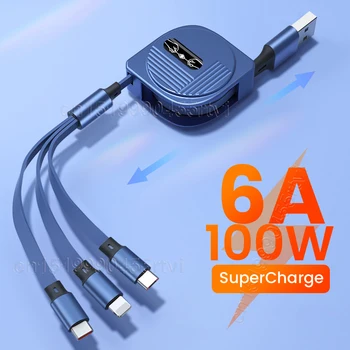 3 in 1 USB şarj kablosu 6A 100W Huawei / Onur Geri Çekilebilir Taşınabilir mikro USB C Tipi Kablo şarj kablosu iPhone 14 Samsung