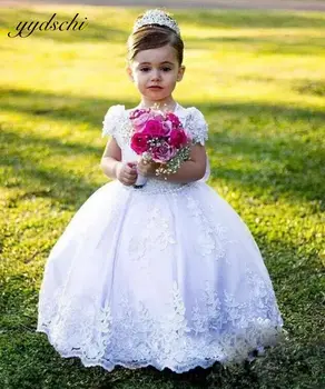 Zarif Beyaz Çiçek Kız Gelinlik İçin Dantel Aplikler Bow Kolsuz Prenses Kabarık İlk Komünyon Parti Elbiseler