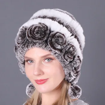 Moda Tasarım Sonbahar ve Kış kadın Hakiki Gerçek Tavşan Kürk Şapka Sıcak Caps Lady Beanies