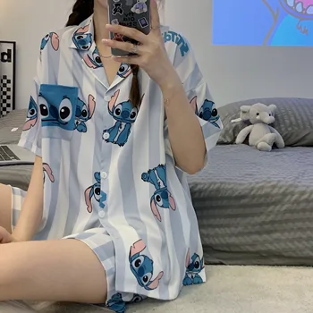 Disney Dikiş İpek Pijama Setleri Yüksek Kaliteli Lüks kadın Leke Pijama Yaz Kısa kollu Hırka Seti Buz İpek Ev Takım Elbise