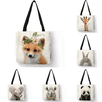 Sevimli Hayvan omuz çantaları Serisi Panda Koala Fil Baskı Kadın Çanta Casual Tote alışveriş çantası Büyük Kapasiteli keten çantalar