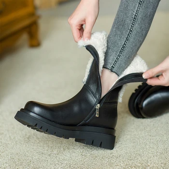 Kış Ayakkabı Bayanlar Platformu Patik Deri Yün Kar Botları Rahat Kemer Toka Tıknaz Topuk yarım çizmeler