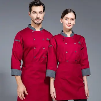 Erkekler Kırmızı şef ceketi Logo Uzun Kollu şef ceketi Yaz Önlük Şef Üniforma Restoran Otel Mutfak Pişirme Kıyafetleri