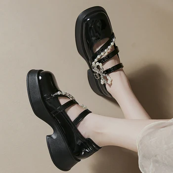 Kadın Pompaları Mary Janes Orta Topuklu Bayanlar 2022 Moda Kauçuk Platformu kadın ayakkabısı Lolita Tasarımcı Lüks Rhinestones Loafer'lar