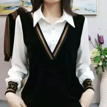 Annemin Moda Bluz Yeni Kore Bahar Sahte İki Gömlek Tops kadın giyim Kazak Kare Yaka Dip Gömlek 4XL
