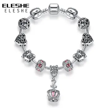 ELESHE Kraliyet Taç Takı Gümüş Renk Charm Bilezik ve Bileklik CZ kristal boncuklar Kadınlar için Bilezikler Takı Aksesuarları