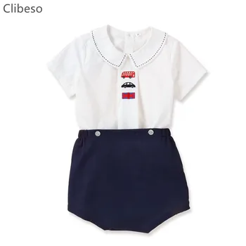 2023 Çocuk İspanyol Giyim Seti Erkek Bebek İspanya Butik Giyim Takım Elbise Beyaz Pamuklu Gömlek İşlemeli Kediler Donanma Şort Bloomers