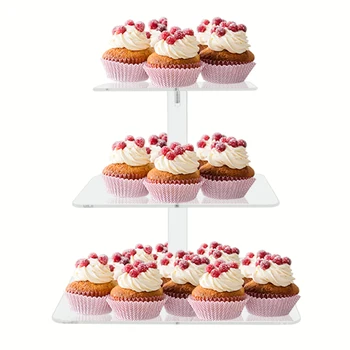 3 Katmanlı Kare Akrilik Cupcake Standı Şeffaf Kek sergileme rafı Çıkarılabilir Montaj Düğün Doğum Günü Partisi Deco Tatlı Tutucu