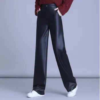 Kadınlar 2020 Sonbahar Kış Gerçek deri pantolon Kadın Yüksek Belli Geniş Bacak Pantolon Bayanlar Yeni Moda Gevşek pantolon W01