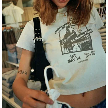 90s Vintage Gitar Kırpma Üst Kadınlar Yaz Yuvarlak Boyun Kısa Kollu Pamuklu T Shirt Femme Casual Streetwear Retro Gömlek Tops 2021