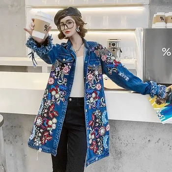 Bahar Sonbahar Uzun Kollu Nakış Florals Aplikler Denim Trençkot Kadın Yeni Püsküller Ripped Delikler Streetwear Dış Giyim NZ44