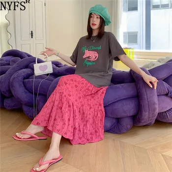 NYFS 2022 Yaz Yeni Kore Gevşek Kadın Elbise Vestidos Robe Elbise Pamuk Kısa Kollu Patchwork Çiçek Hem Uzun Elbiseler