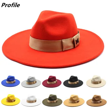 Yeni Fedora kış şapka M logosu şapka üst içbükey dışbükey su damlacıkları 9.5 cm ağız erkekler ve kadınlar keçe caz büyük kırmızı гльпаченская 0