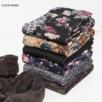 YAVO SOSO Sonbahar Kış Tarzı Artı Kadife Sıcak tayt Kadın Artı boyutu XXXL Baskı Çiçekler 20 Renkler kalın kadın pantolonları