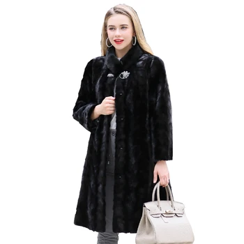 95 CM Hakiki Vizon Kürk Ceket Sonbahar Kış Kadın X-Uzun Giyim Artı Boyutu 4XL 5XL LF9116