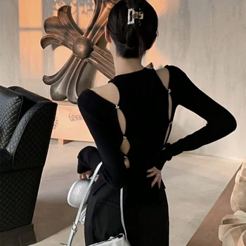 Uzun kollu Örme Tee Üstleri kadın Yeni Moda Bahar Sonbahar Siyah Hollow Out İnce Rahat T Shirt Elbise H334