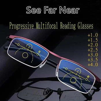 Multifokal İlerici okuma gözlüğü Erkekler Kadınlar Anti Mavi UV Koruma EyesGlasses Yarım Çerçeve Otomatik Ayar Gözlük