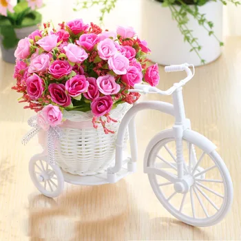 Yapay çiçekler İpek Güller Rattan Bisiklet Vazo Plastik Bisiklet Masaüstü Dekoratif Gül Bonsai Bitki Açık Ev Ofis Dekor