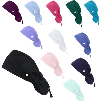 Fırçalama Kap Düğmeleri İle Kabarık Şapka Ter Bandı İle Bayan ve Erkek Unisex Katı Ayarlanabilir Elastik renkli scrubs şapkalar
