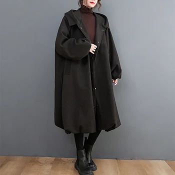 Tek Parça Kapşonlu Siyah Koyu Uzun Ceket Ceket Kadın Giyim Vintage Rahat Artı Boyutu Büyük Boy Sıcak Kalın Bayan Giyim Kış